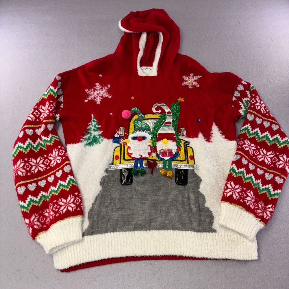 289 Merry & Bright Christmas Sweater Large Red Gnome Truck Hoodie Ugly Cute